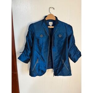 Chicos Teal Blue Metallic Ruched Sleeve Zip Up Jacket Blazer Size  0